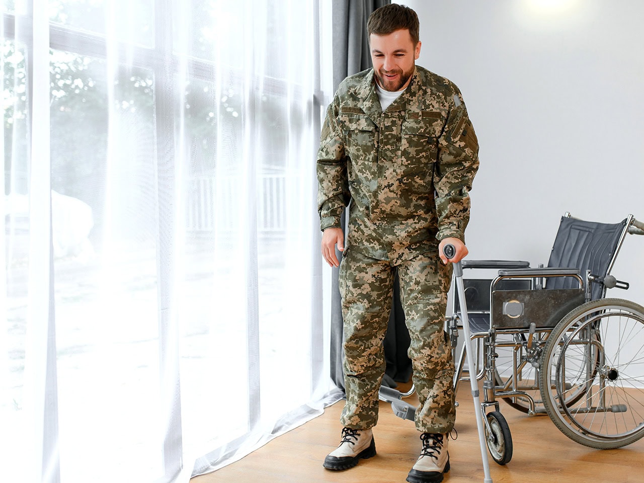 Disabled veteran on crutches