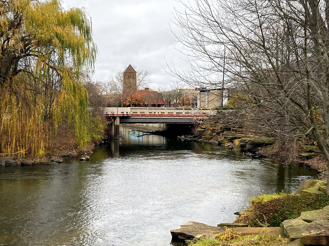A bridge and river in Battle Creek, Michigan