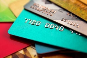 Close up picture of multi-colored credit cards